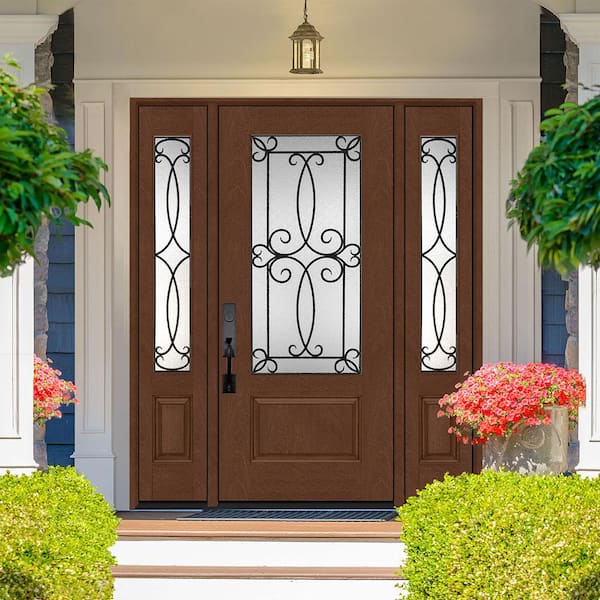Regency 64 in. x 80 in. 3/4Lite Georgian Decorative Glass LHOS Chestnut Mahogany Fiberglass Prehung Front Door w/12inSLs