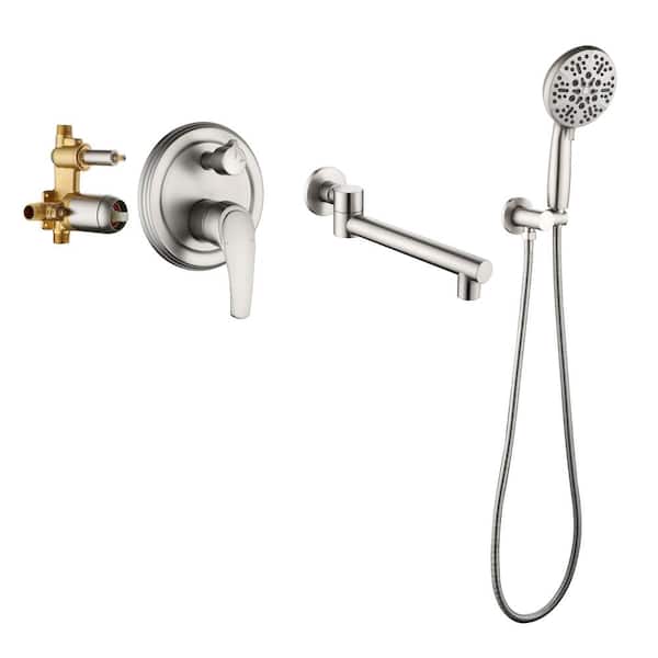 Unbranded Single-Handle Wall-Mount Roman Tub Faucet Trim Kit with 7 Function Hand Shower with Pressure Balance in Brushed Nickel