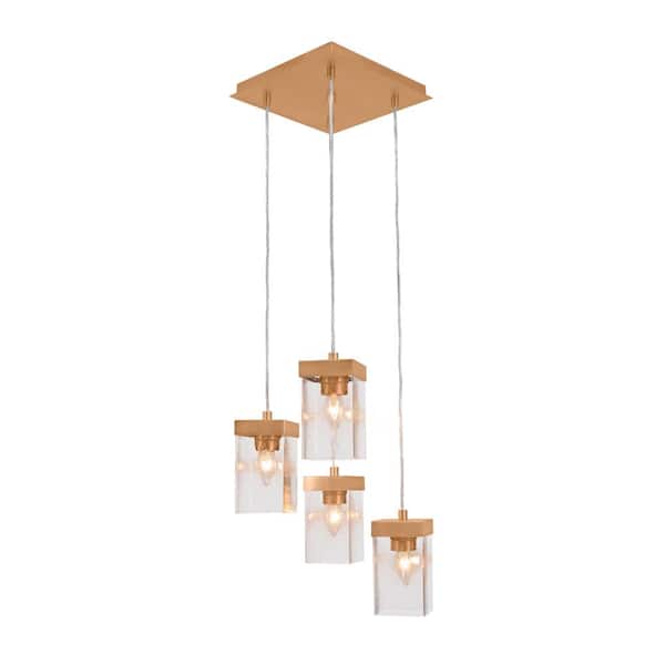 Unbranded Kingsport 4 Light New Age Brass Cluster Pendant Light with 4 in. Square Clear Bubble Glass Shades, No bulbs included