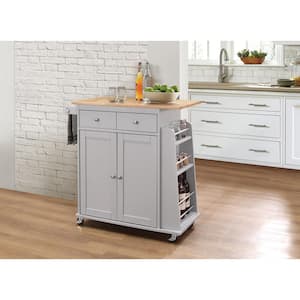 35 in. White Wood Rolling Mobile Kitchen Island Cart with 2-Drawers, 3-Shelves, Towel Rack and Natural Color Top