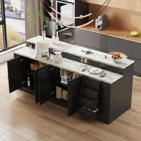 Black Wood Marble Woodgrain Finish 94.5 in. W Kitchen Island Dining Bar Table with Door Cabinet, 4 Drawers,Track Outlets