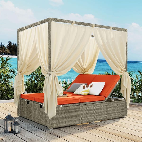 Harper & Bright Designs Gray Wicker Outdoor Day Bed with Orange Cushions with Canopy