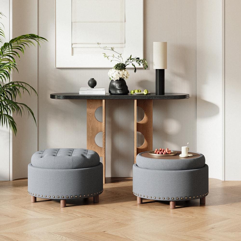 25" Round Upholstered Storage Ottoman with Tufted Cushion and Hidden Storage Compartment(Set of 2)
