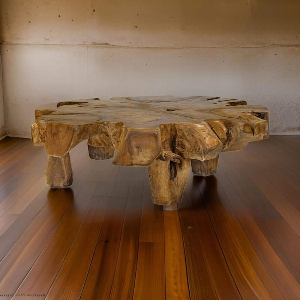 47.2" Round Teak Root Coffee Table in Natural Brown Finish