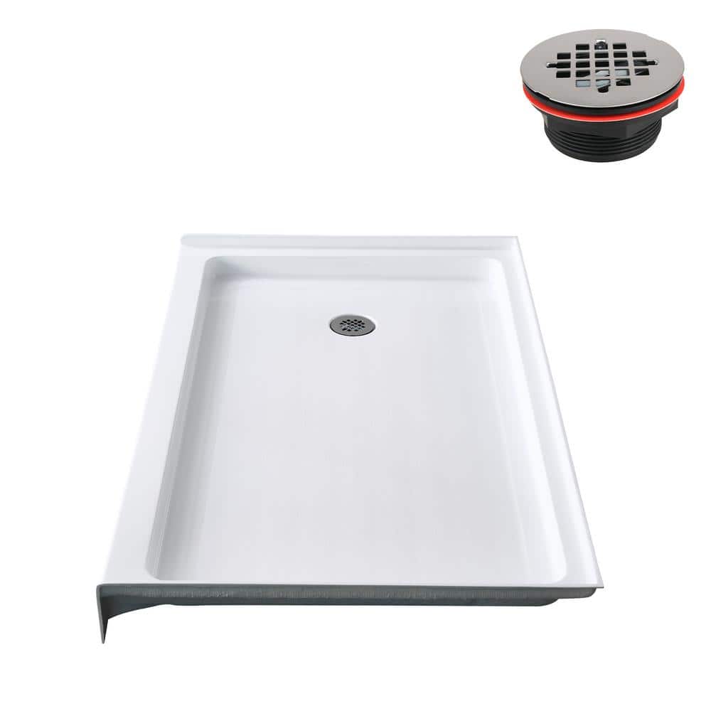 Glossy White Rectangular Acrylic Alcove Shower Base with Left Drain