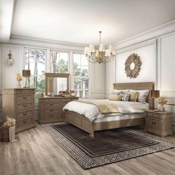 Catsu 6-Piece Weathered Gray Wood Frame Queen Panel Bedroom Set with Shutter Headboard and Footboard