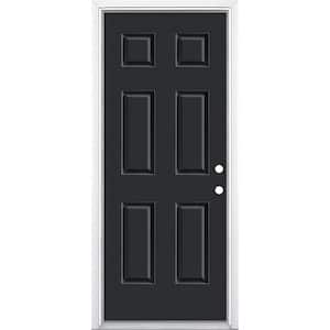 32 in. x 80 in. 6-Panel Jet Black Left Hand Inswing Painted Smooth Fiberglass Prehung Front Exterior Door with Brickmold