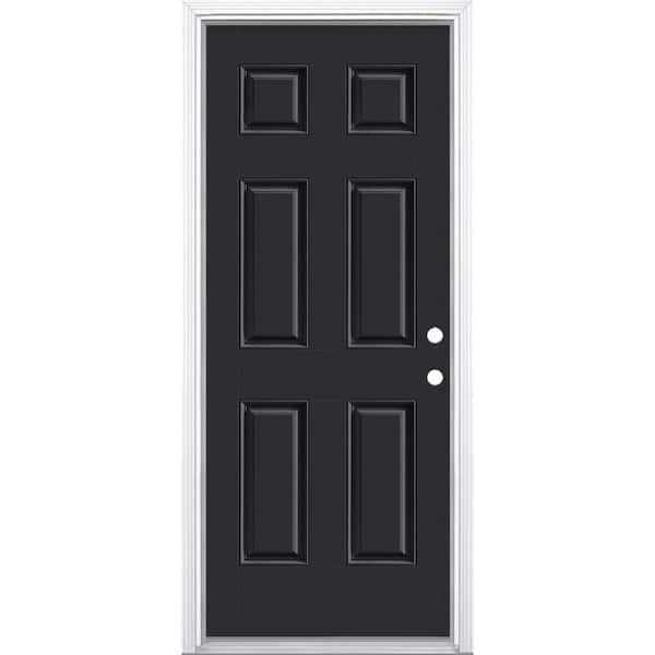 Masonite 32 in. x 80 in. 6-Panel Jet Black Left Hand Inswing Painted Smooth Fiberglass Prehung Front Exterior Door with Brickmold
