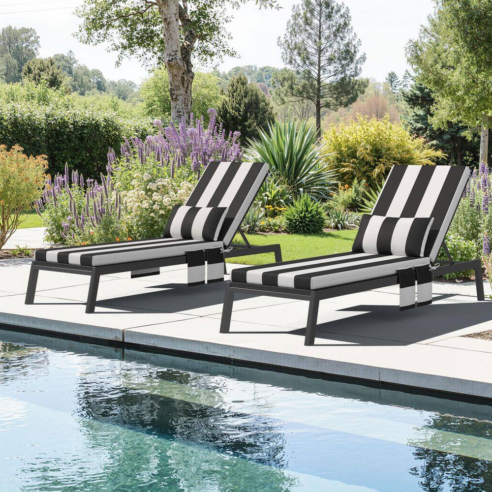 72 in. x 21 in. Water Resistant Outdoor Chaise Lounge Cushion Set of 2 Lounger Pad Replacement in Black Stripe price history on PriceWatchPro
