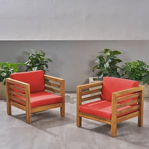 Oana Teak Brown Removable Cushions Wood Outdoor Club Chair with Red Cushion (2-Pack)