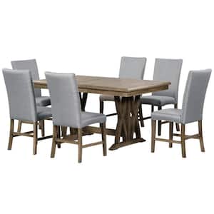 7-Piece Brown Wood Dining Set with Gray Upholstered Chairs