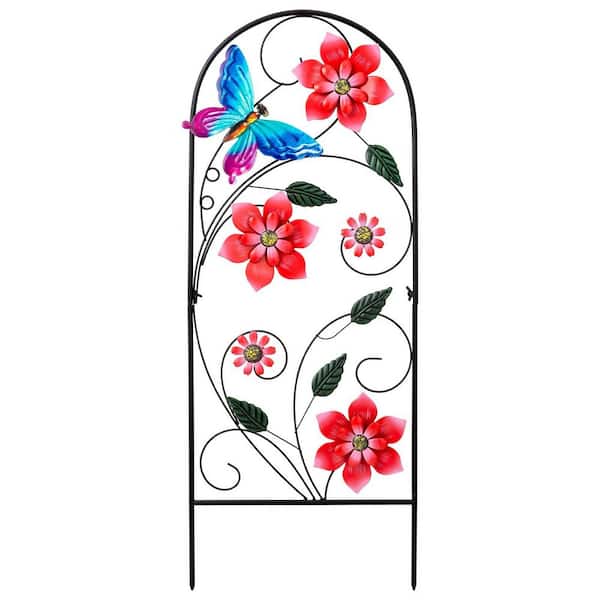 34 in. Spring Style Red Metal Garden Stakes with Vibrant Floral and Bees, Rust-Resistant Outdoor Plant Support Stakes