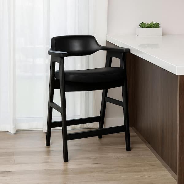 36 in. H Black Low Back Wood Bar Stool with Faux Leather Seat
