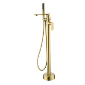 Single-Handle Floor Mount Freestanding Tub Faucet with Handheld Sprayer and 360° Rotating Spout in Brushed Gold