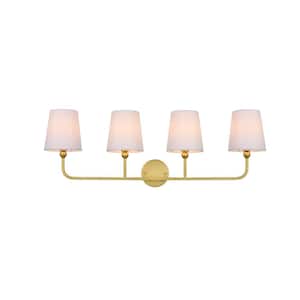 Simply Living 36 in. 4-Light Modern Brass Vanity Light with White drum Shade