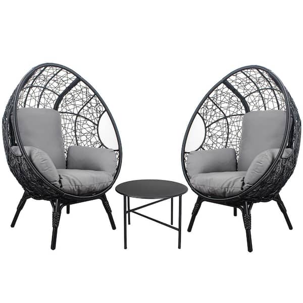 Unbranded 3-Piece Wicker Patio Conversation Set, Patio Egg Chairs with Side Table Set, Black Color PE Rattan and Grey Cushions