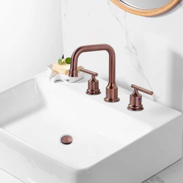 8 in. Widespread 3 Hole Lead-Free Double Handle Bathroom Faucet with Drain Kit and Supply Lines in Rose Gold and Black
