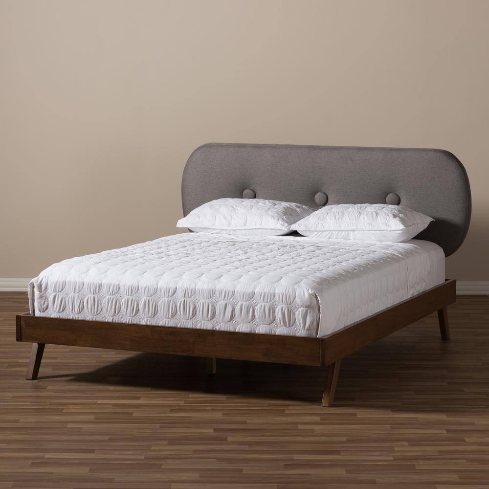 Penelope King-Size Walnut Wood Frame with Grey Tufted Upholstery Bed