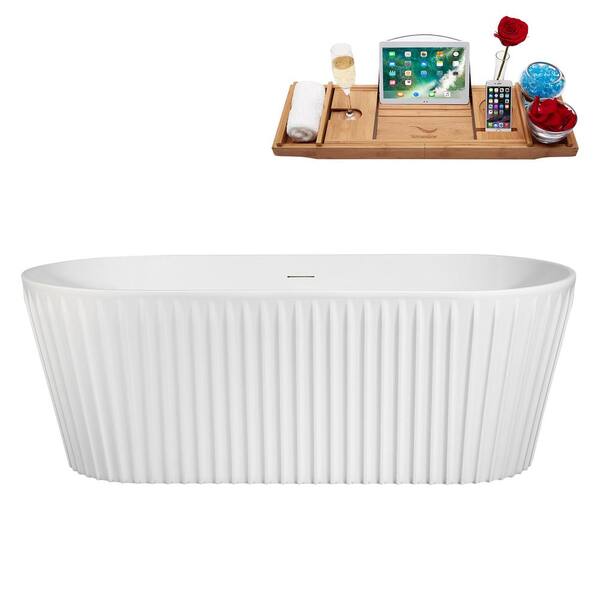Streamline 63 in. x 29 in. Acrylic Freestanding Soaking Bathtub in Glossy White With Brushed Gold Drain, Bamboo Tray
