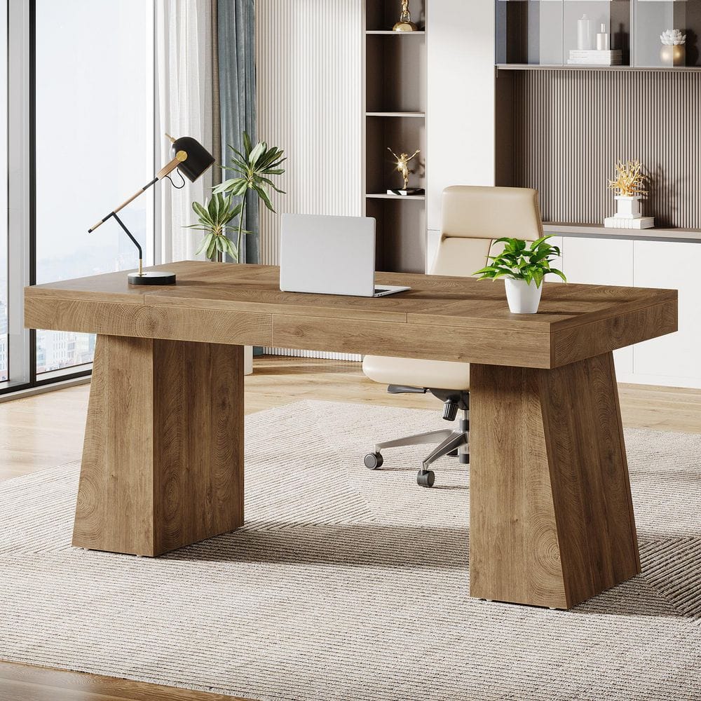BYBLIGHT Moronia 55 in. Modern Rectangle Engineered Wood Executive Desk with Double Trapezoid Base, Light Brown BB-JW1021CT - The Home Depot