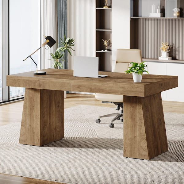 BYBLIGHT Moronia 55 in. Modern Rectangle Engineered Wood Executive Desk with Double Trapezoid Base, Light Brown