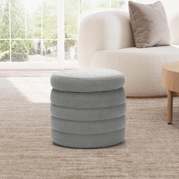 Bayville Modern 16 in. Tall Sherpa Fabric Tufted Round Storage Ottoman in Light Gray