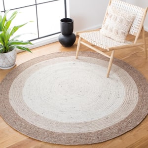 Braided Beige/Ivory 5 ft. x 5 ft. Round Solid Area Rug