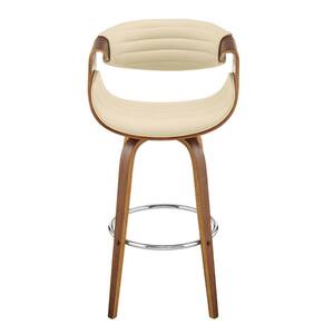 26 in. Cream Faux Leather and Walnut Wood Retro Chic Swivel Counter Stool