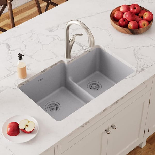 Quartz Classic 33 in. Undermount Offset 60/40 Double Bowl Greystone Granite/Quartz Composite Kitchen Sink Only