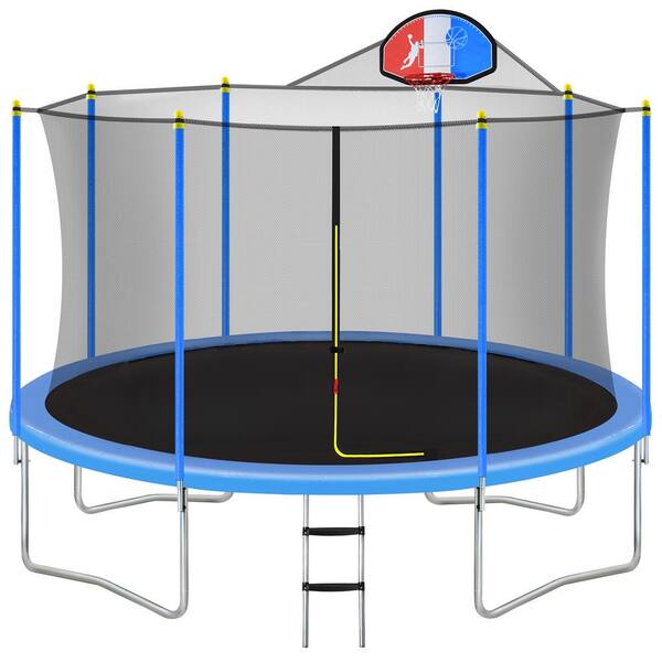 Nestfair 14 Ft Blue Round Outdoor, Skywalker Trampolines 14ft Round Trampoline With Enclosure And Basketball Hoop