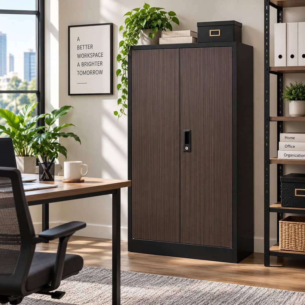 Black 42 in. H Accent Cabinet Office Storage Cabinet with 2 Shelves and Locking Folding File Storage Cabinet