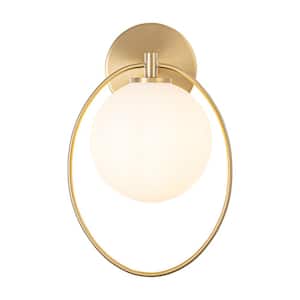 Natal 7.8 in. 1-Light Gold Modern Ring Frosted Opal Glass Globe Bubble Bathroom Vanity Light with Glass Shade