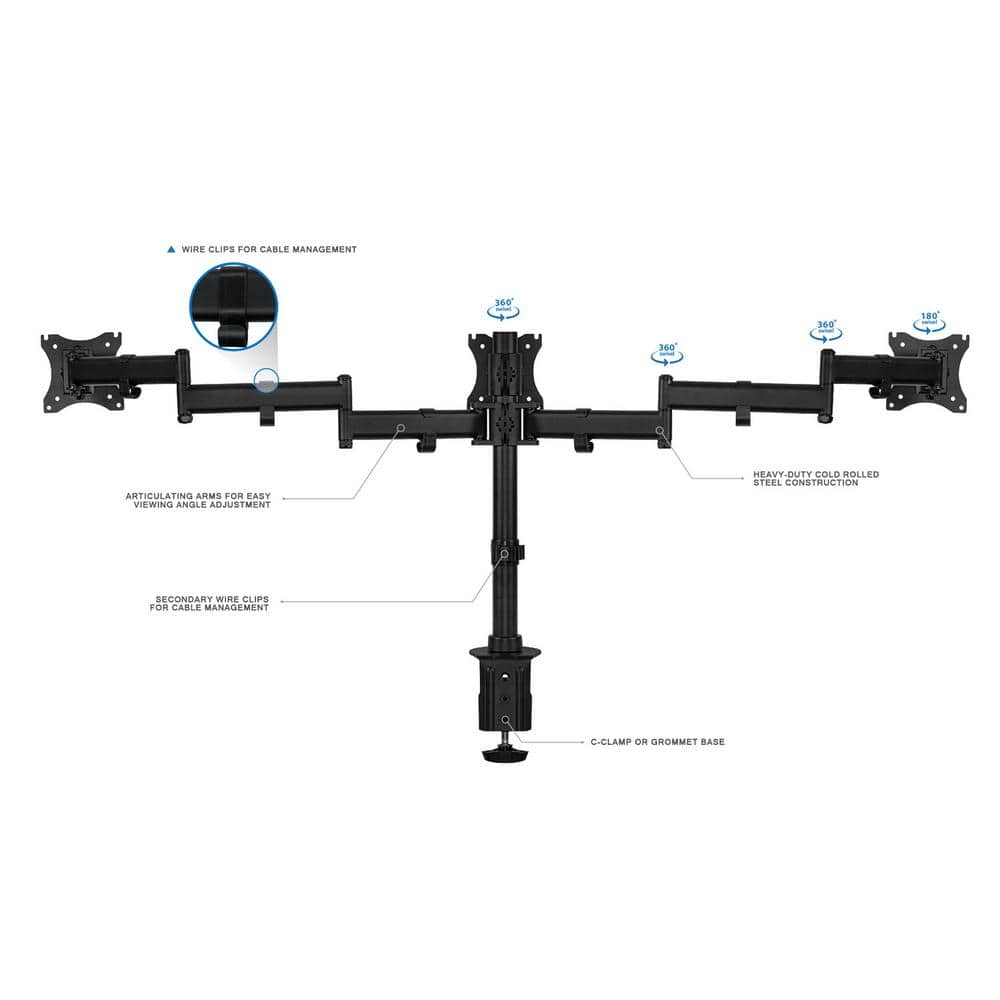 Black Adjustable Triple Monitor Desk Mount with Steel and Aluminum Arms