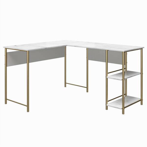 Ameriwood Home Hanley 56 In L Shaped Faux White Marble Computer Desk With 2 Shelves Hd13933 Faux White Marble Computer Desk, White Marble Desk With Gold Legs