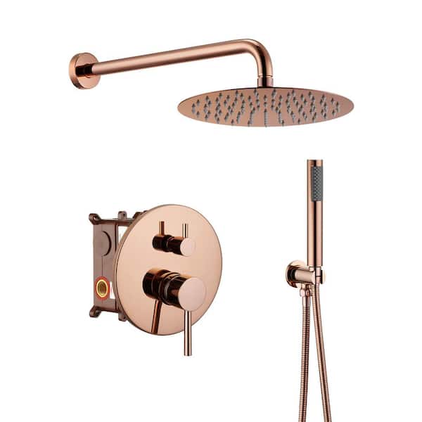 2-Spray Patterns 10 in. Round Wall Mount Rainfall Dual Shower Heads in 1.8 GPM Rose Gold