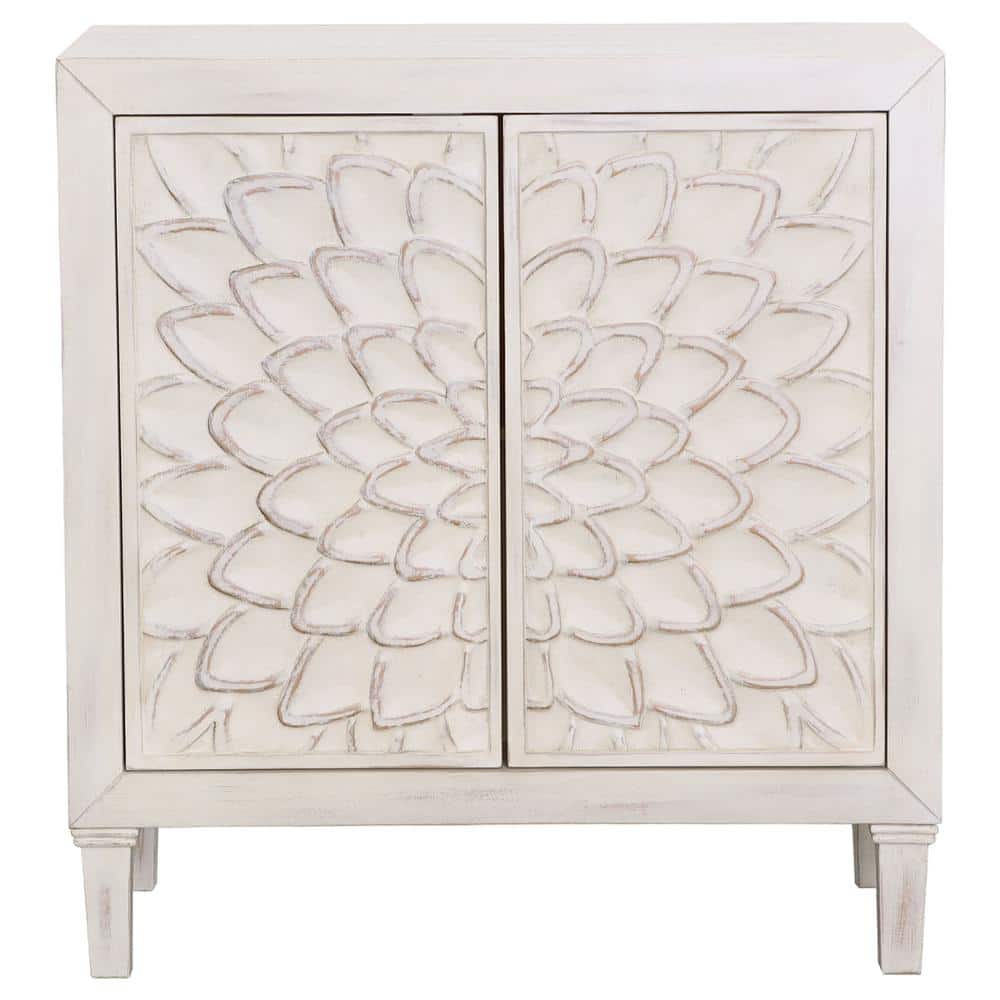 White Floral Carved 2-Drawer Freestanding Accent Cabinet