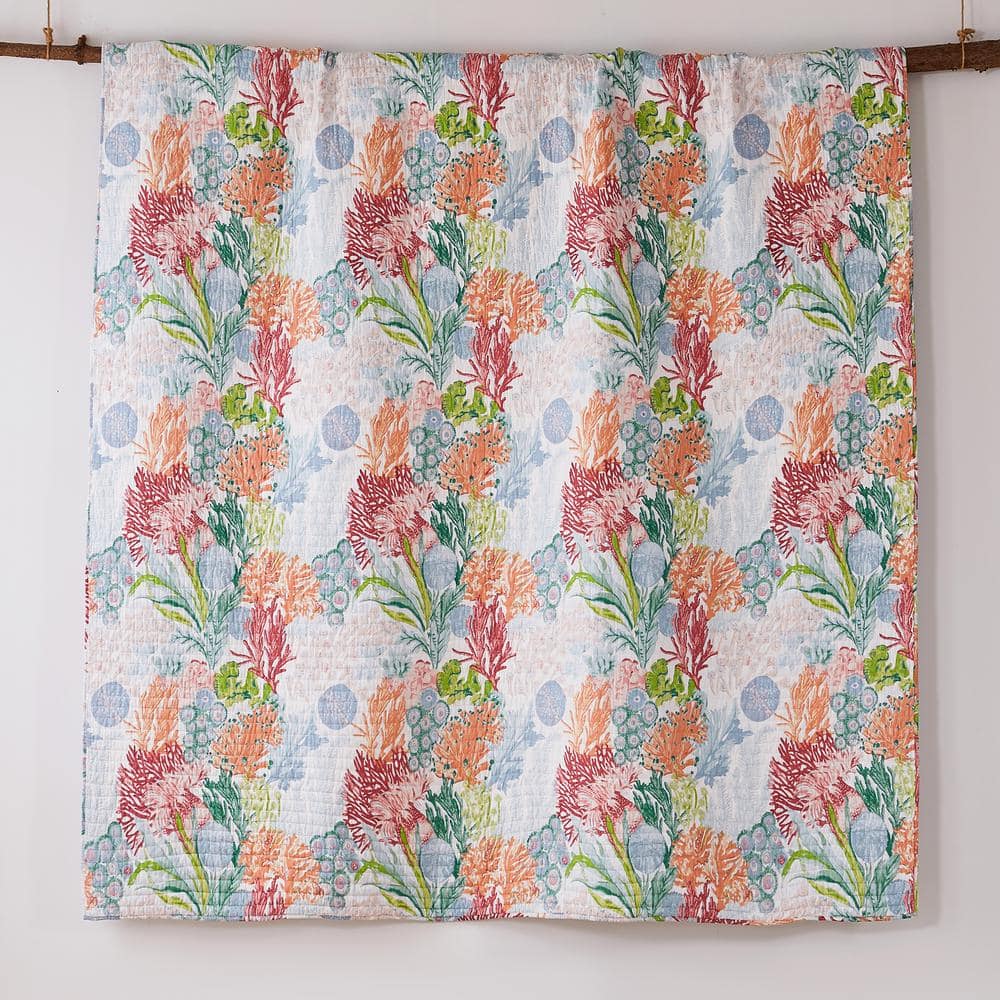 Caribbean Coral King Cotton Quilt Set with Reversible Blue Trellis Design