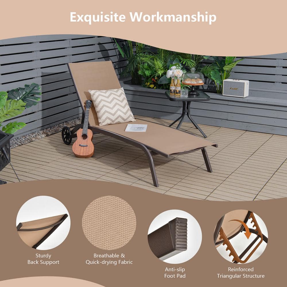 Brown Steel Adjustable Outdoor Chaise Lounge Chairs with Wheels