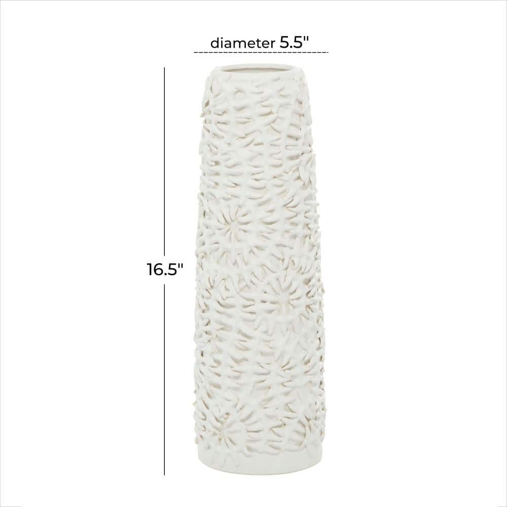 Contemporary Matte White Ceramic Cylinder Vase with Pine Leaf Pattern