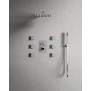 Thermostatic Valve 7-Spray Patterns Shower Faucet Set 12 in. Wall Mount Dual Shower Heads with 6-Jets in Brushed Nickel