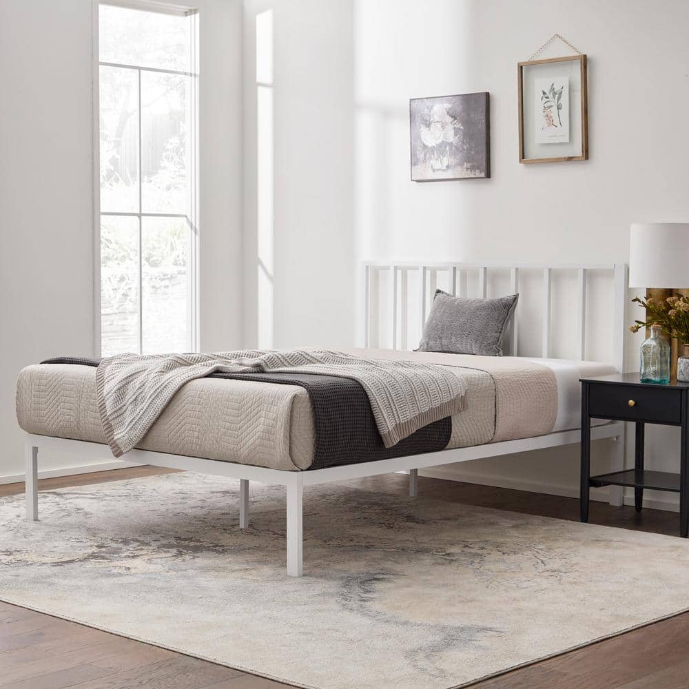 Lori Queen White Metal Platform Bed with Vertical Bar Headboard