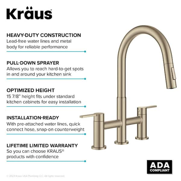 Two Handle Pull-Down Bridge Kitchen Faucet in Champagne Bronze