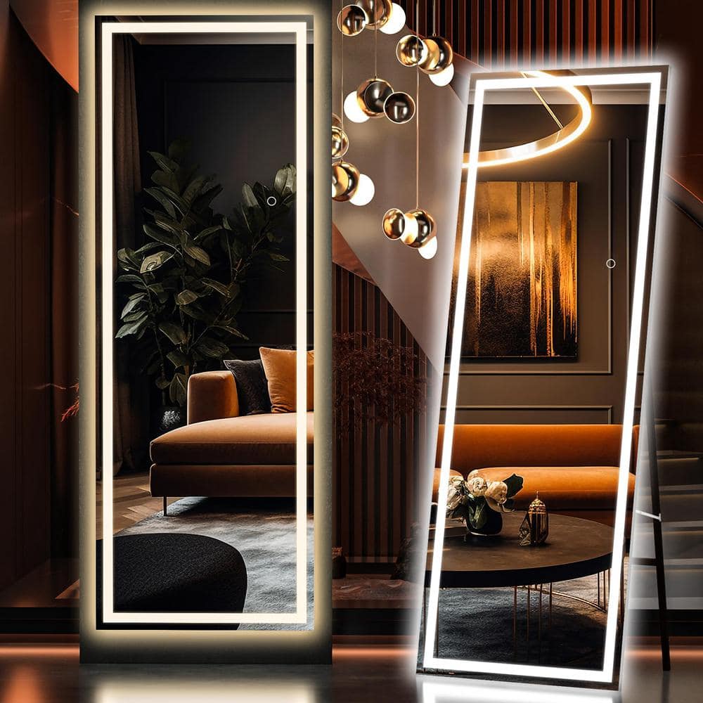 48 in. W x 72 in. H Square Black Frame LED Floor Mirror, Full Body Dressing