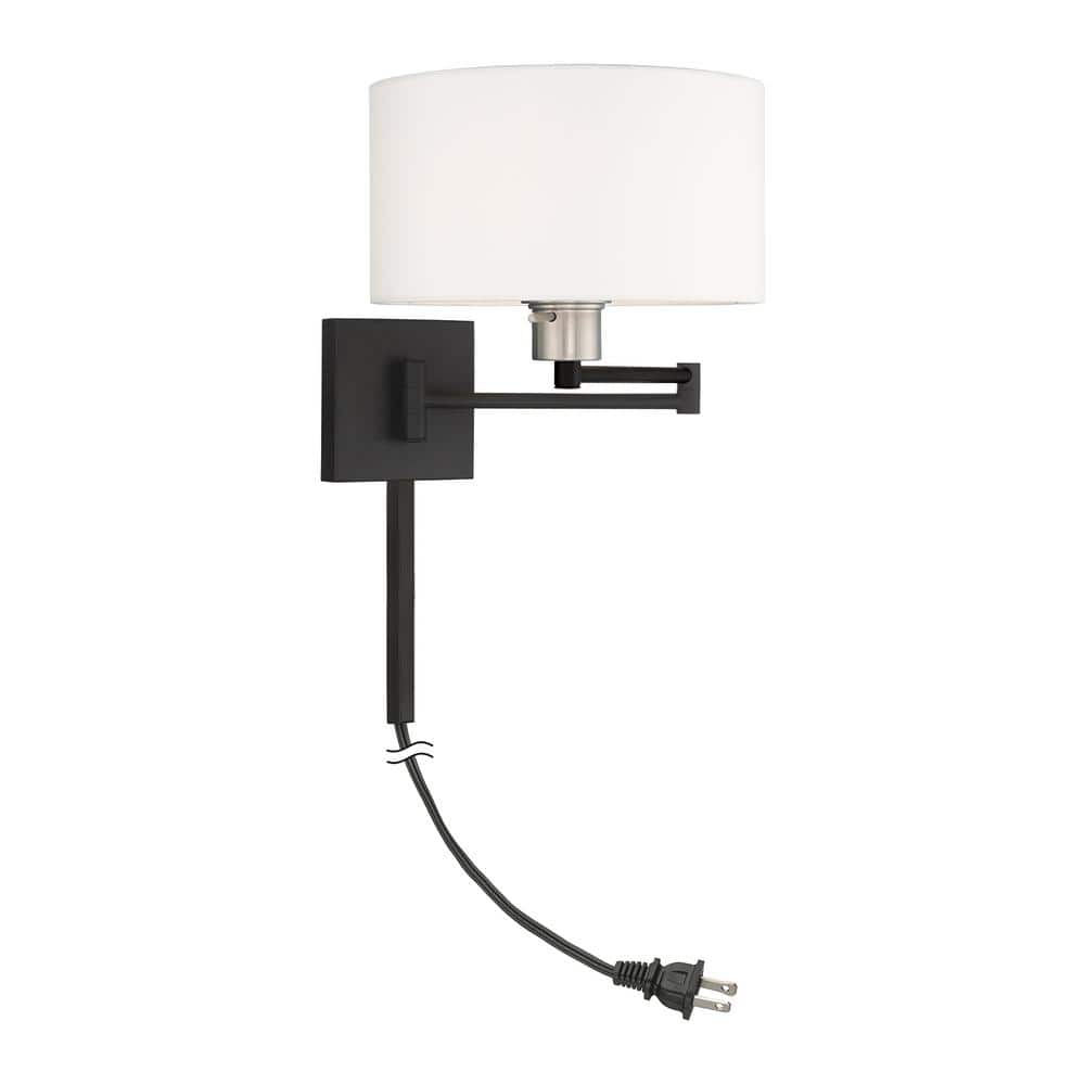 Sleek Transitional Black Swing Arm Wall Lamp with Off-White Fabric Shade