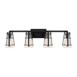 Adelaide 33 in. 4-Light Matte Black Craftsman Transitional Bathroom Vanity Light with Clear Seeded Glass Shades
