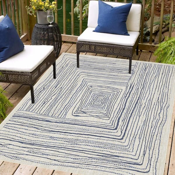 Kalina 4 ft. x 6 ft. Ivory and Blue Indoor/Outdoor Area Rug