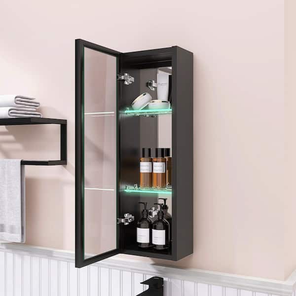 Zeafive 10 in. W x 30 in. H Black Rectangular Aluminum Surface Mount Bathroom LED Medicine Cabinet with Mirror and Glass Shelves