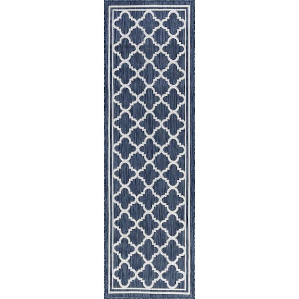 Tayse Rugs Eco Geometric Navy 2 ft. x 8 ft. Indoor/Outdoor Runner Rug