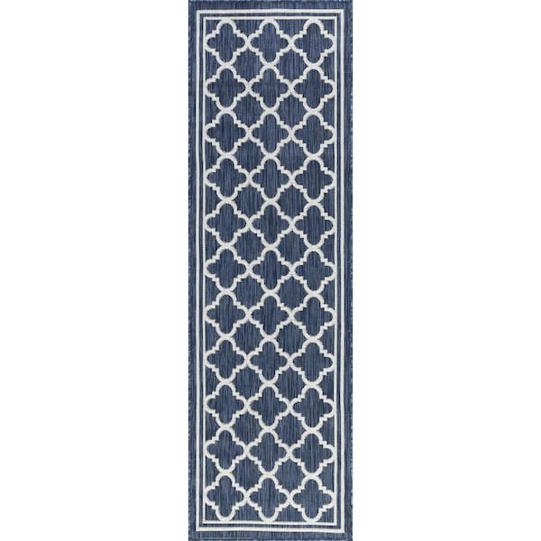 Eco Geometric Navy 3 ft. x 10 ft. Indoor/Outdoor Runner Rug