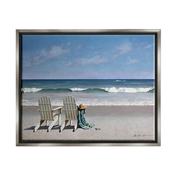 The Stupell Home Decor Collection Two White Adirondack Chairs on the Beach by Zhen-Huan Lu Floater Frame Nature Wall Art Print 31 in. x 25 in.